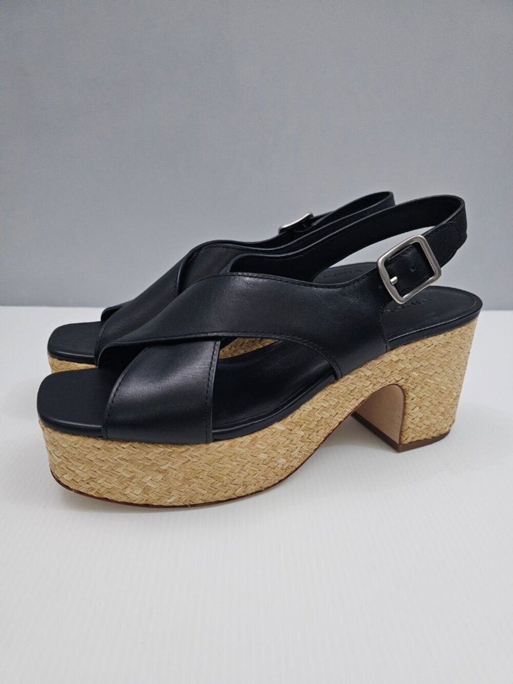 Vince Clementina Platform Sandal Womens 9 Black Leather Raffia Block Heel NEW